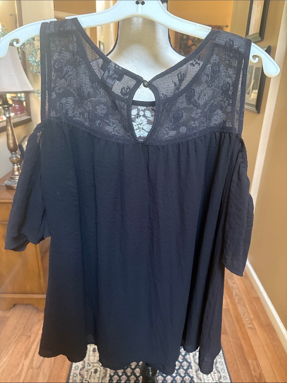 Torrid Black Cold-Shoulder Blouse with White Embroidery - Picture 3 of 5